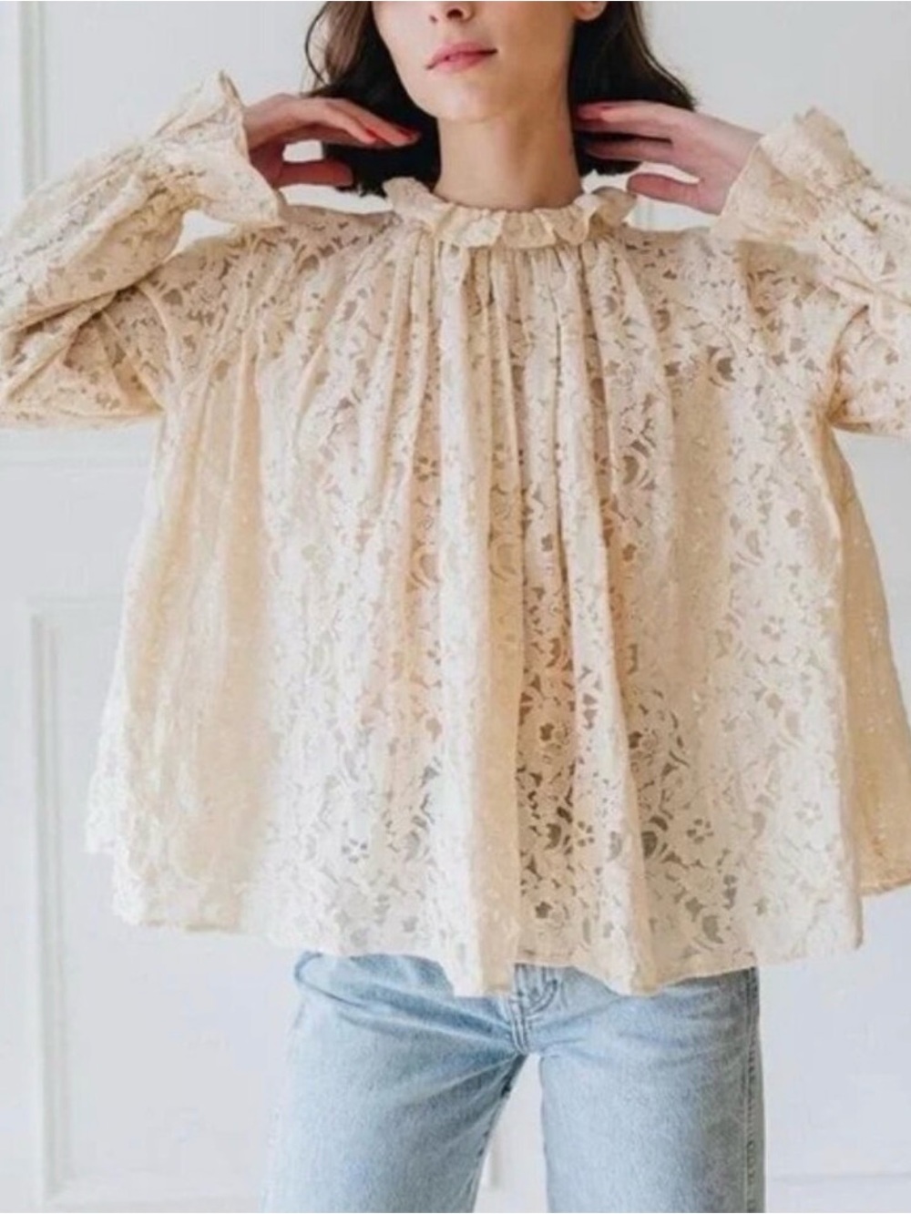 Mille Resort & Travel Chantal Lace Swing Blouse Top Long Sleeves Vanilla Medium